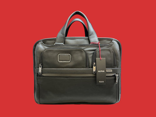 TUMI ALPHA EXPANDABLE ORGANIZER LAPTOP BRIEF LEATHER BLACK . 09603141DL3
